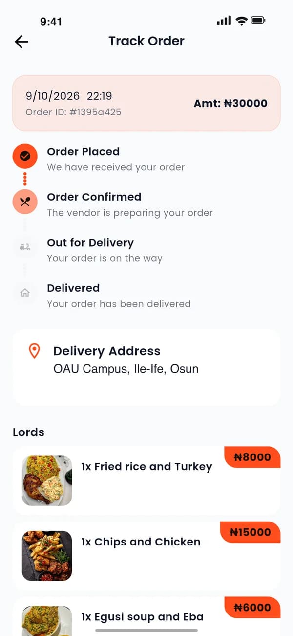 Order tracking showing Order placed, Order confirmed, Out for delivery and Delivered